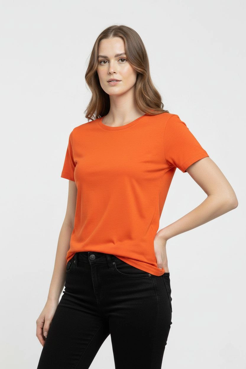 699da52910336-18980939-sw832sh1248 Kadın T-Shirt Bisiklet Yaka Slim Fit Likralı Tişört Yazlık Basic Body - Turuncu