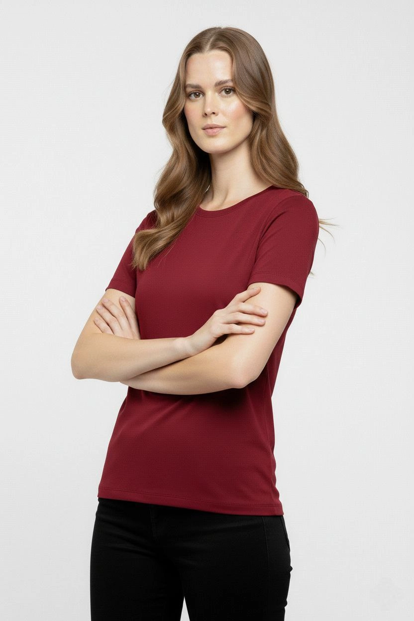 699da62396354-4605463-sw832sh1248 Kadın T-Shirt Bisiklet Yaka Slim Fit Likralı Tişört Yazlık Basic Body - Bordo - Görsel 2