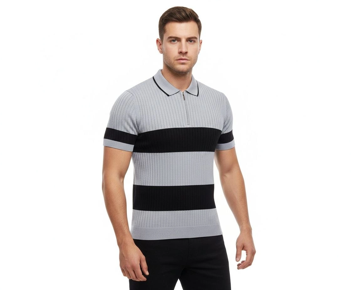 699db62e62713-24824740-sw1120sh928 Erkek Çizgili Triko Dokuma Polo Yaka Yarım Fermuarlı Tişört - Gri - Görsel 2