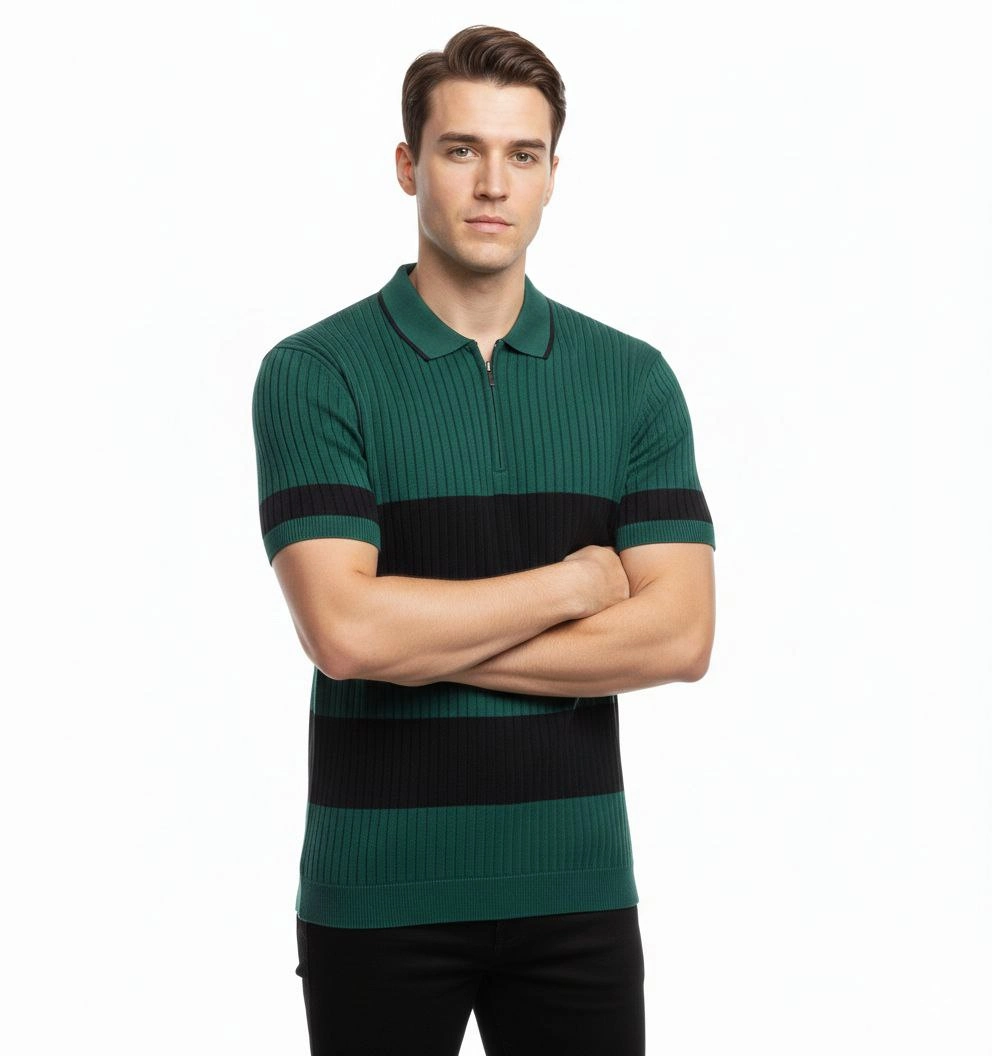 699db6d91b3a6-93125442-sw992sh1056 Erkek Çizgili Triko Dokuma Polo Yaka Yarım Fermuarlı Tişört - Çağla Yeşili