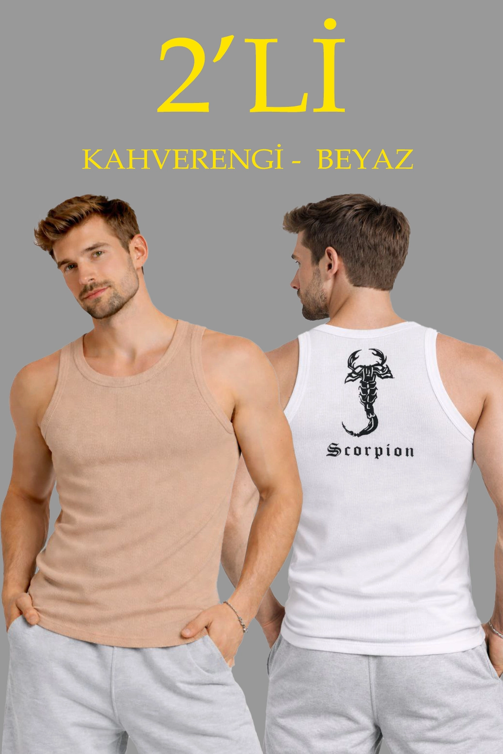 699eda18ebf18-45445535-sw1030sh1545 Erkek Spor Slimfit Fitilli Kaşkorse Arka Basklı Atlet 2'li Set Kahverengi-Beyaz