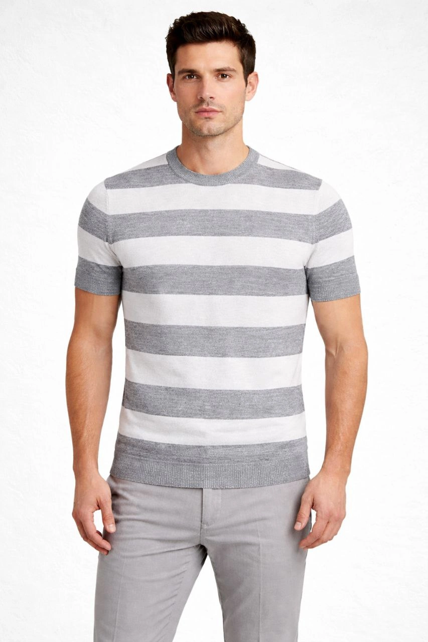 69a1adf502074-56792821-sw853sh1280 Erkek T-shirt Çizgili Kısa Kol Yazlık Triko Dokuma Bisiklet Yaka Tişört - Gri