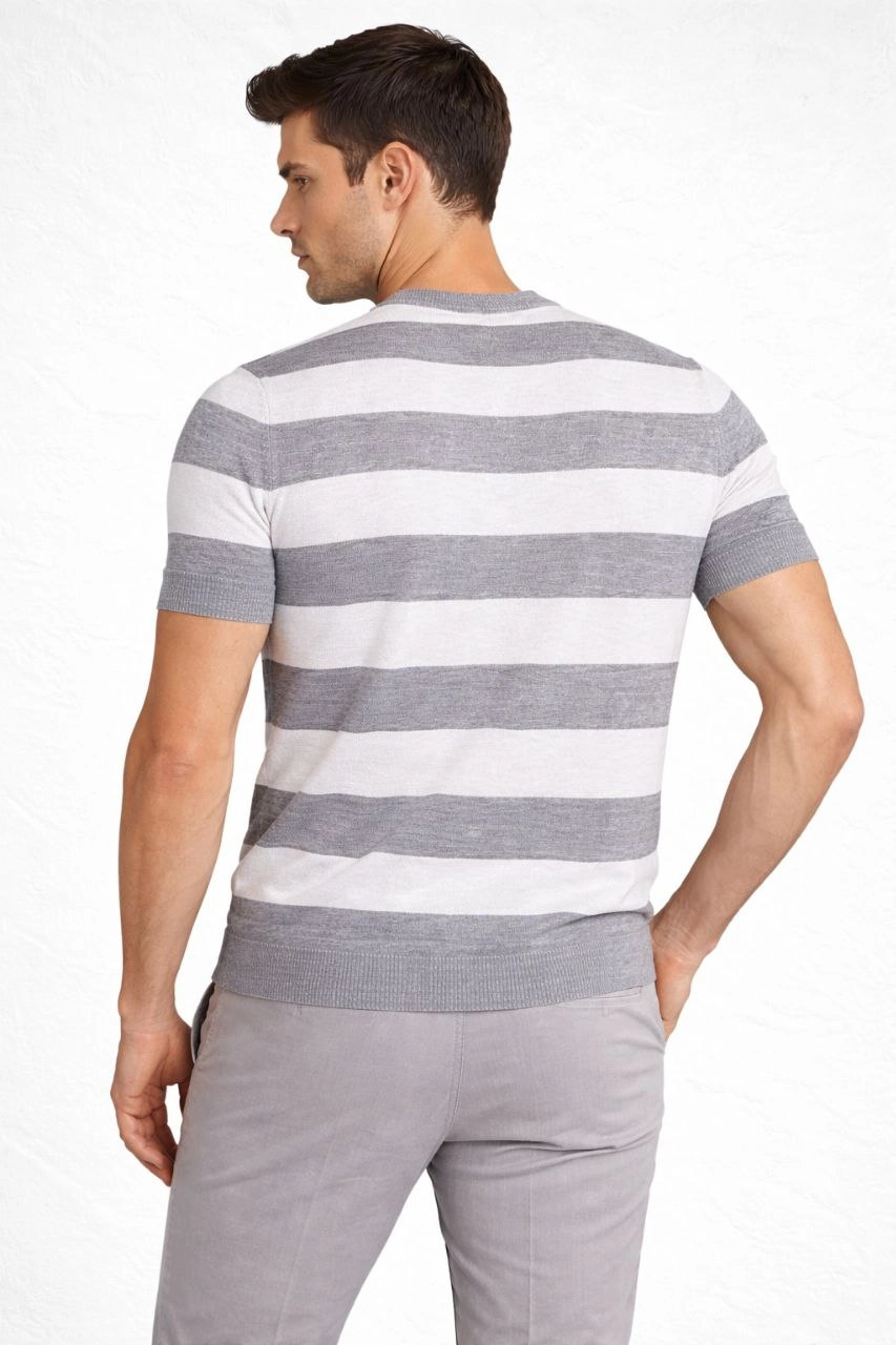 69a1adf505b09-75673821-sw853sh1280 Erkek T-shirt Çizgili Kısa Kol Yazlık Triko Dokuma Bisiklet Yaka Tişört - Gri - Görsel 2