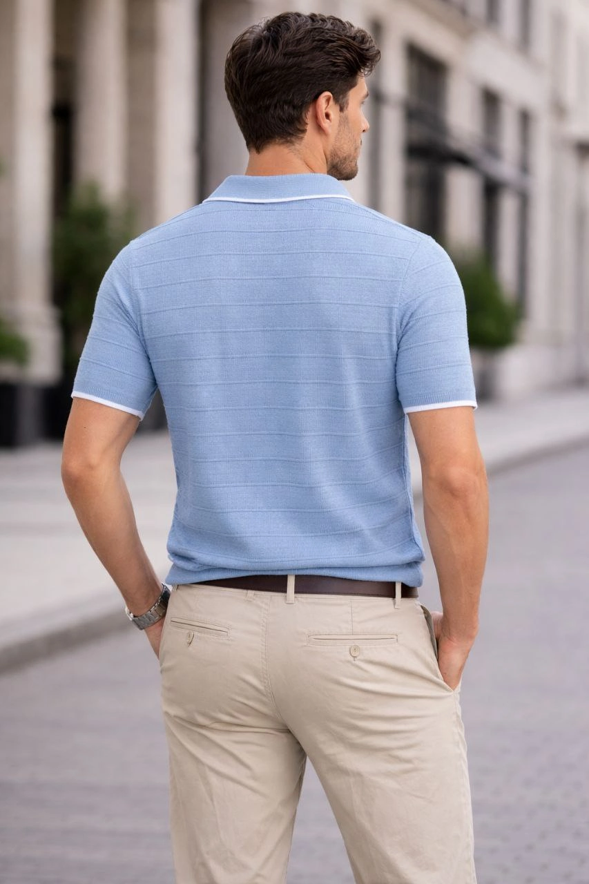 69a1b4de2fa31-57741614-sw853sh1280 Erkek Fitilli Yazlık Triko Tişört Düğmesiz Polo Yaka Kısa Kol T-shirt - Bebek Mavisi - Görsel 2