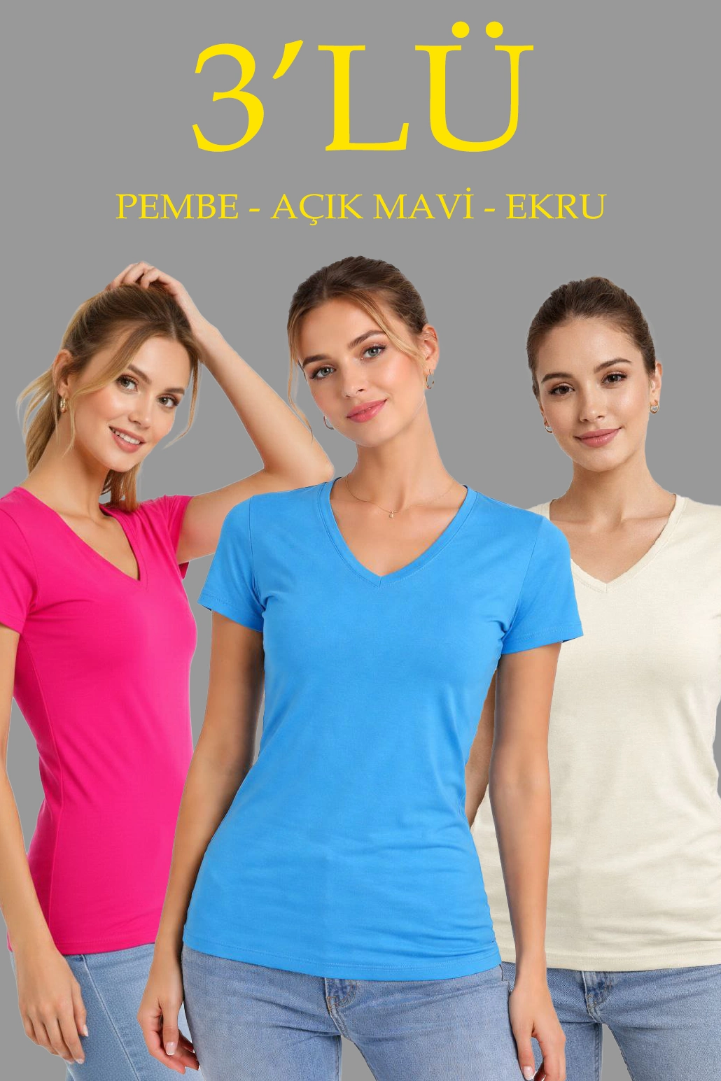 69a99636a0c03-59301236-sw1030sh1545 Kadın V Yaka Tişört Kısa Kol Slim Fit T-shirt 3'lü Set Pembe-Açık Mavi-Ekru