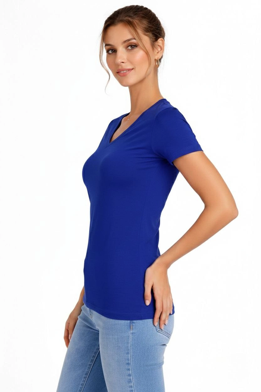 69a996b593584-34605472-sw832sh1248 Kadın V Yaka Tişört Kısa Kol Slim Fit T-shirt 3'lü Set Pembe-Saks Mavi-Ekru - Görsel 2