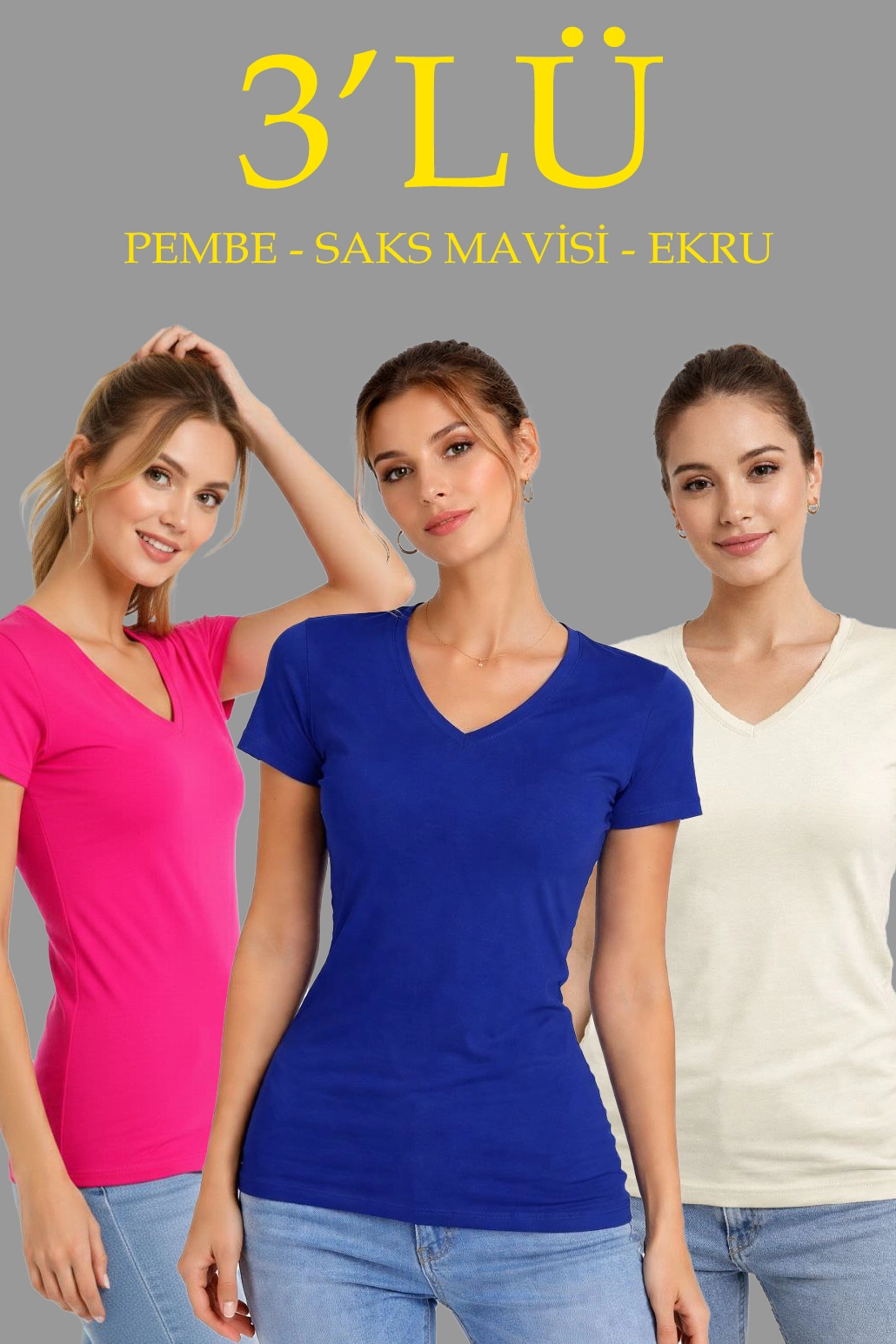 69a996b632ac6-81101663-sw1030sh1545 Kadın V Yaka Tişört Kısa Kol Slim Fit T-shirt 3'lü Set Pembe-Saks Mavi-Ekru