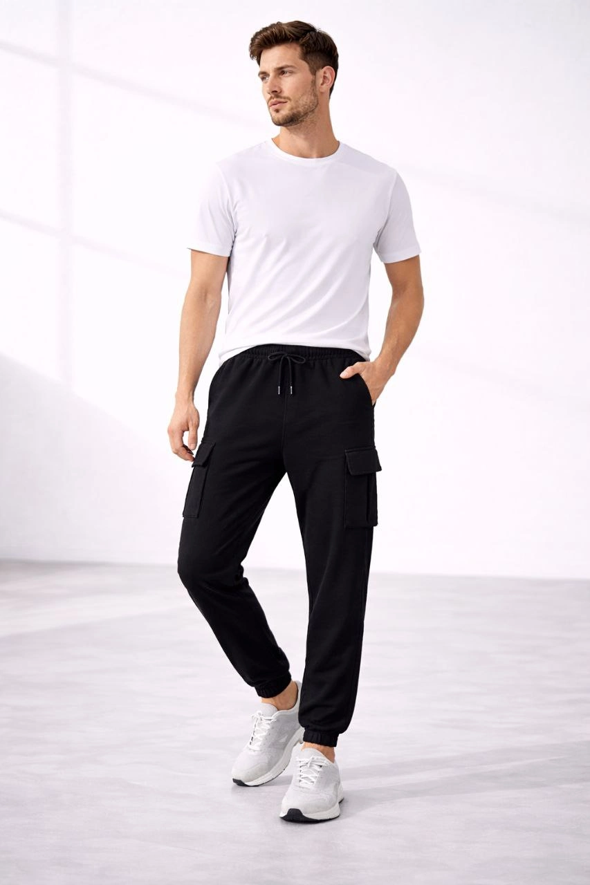 69aaf3ae1fbcb-45665271-sw853sh1280 Erkek Jogger Eşofman Altı Kargo Cepli Lastikli Paça Spor Pantolon - Siyah - Görsel 2
