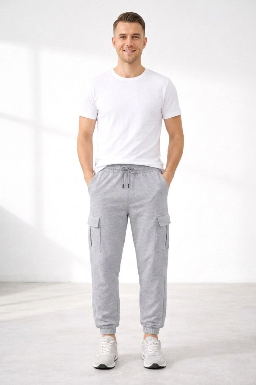 69aaf41448e6e-45258871-sw842sh1264 Erkek Jogger Eşofman Altı Kargo Cepli Lastikli Paça Spor Pantolon - Gri - Görsel 2