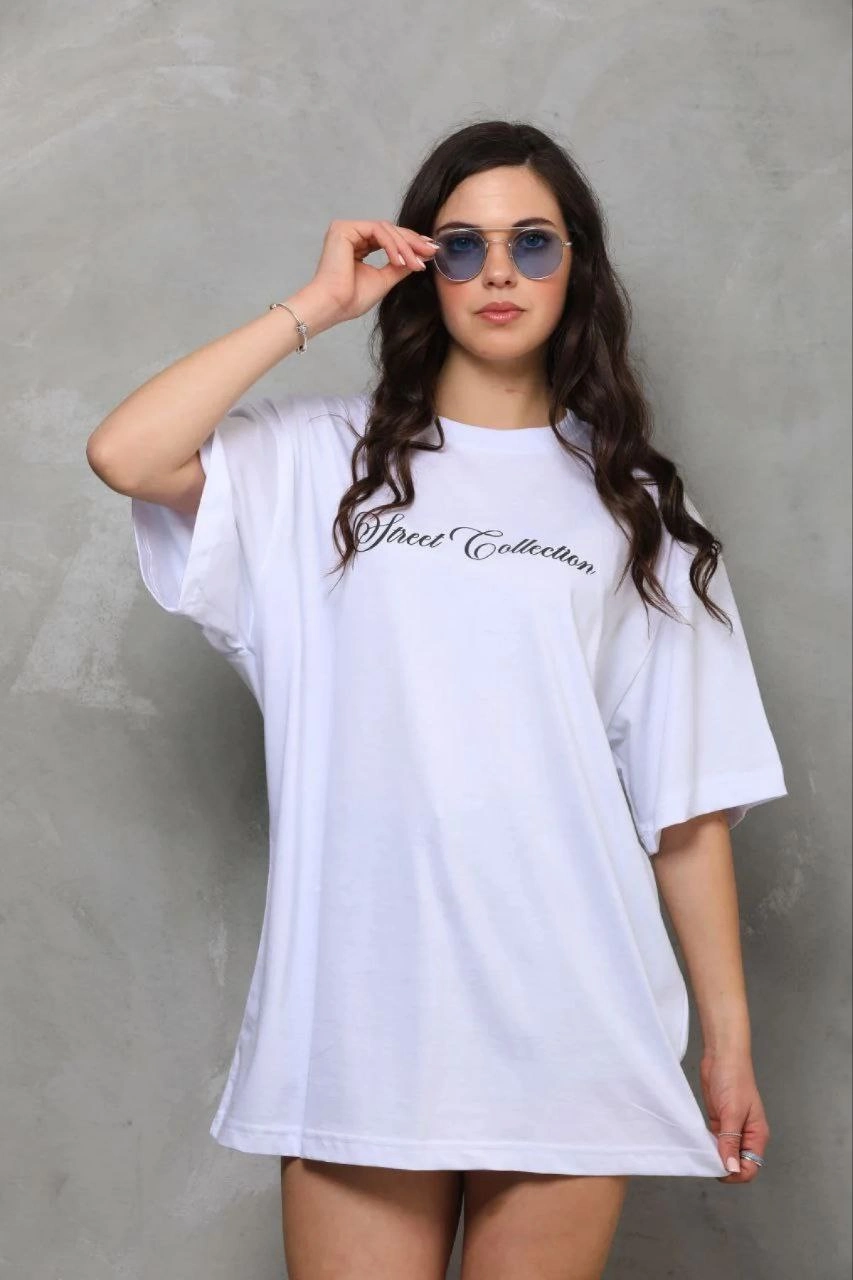 69b66e5640ce8-75305414-sw853sh1280 Kadın Kısa Kol Yazlık Tişört Bisiklet Yaka Baskılı Oversize T-Shirt - Beyaz