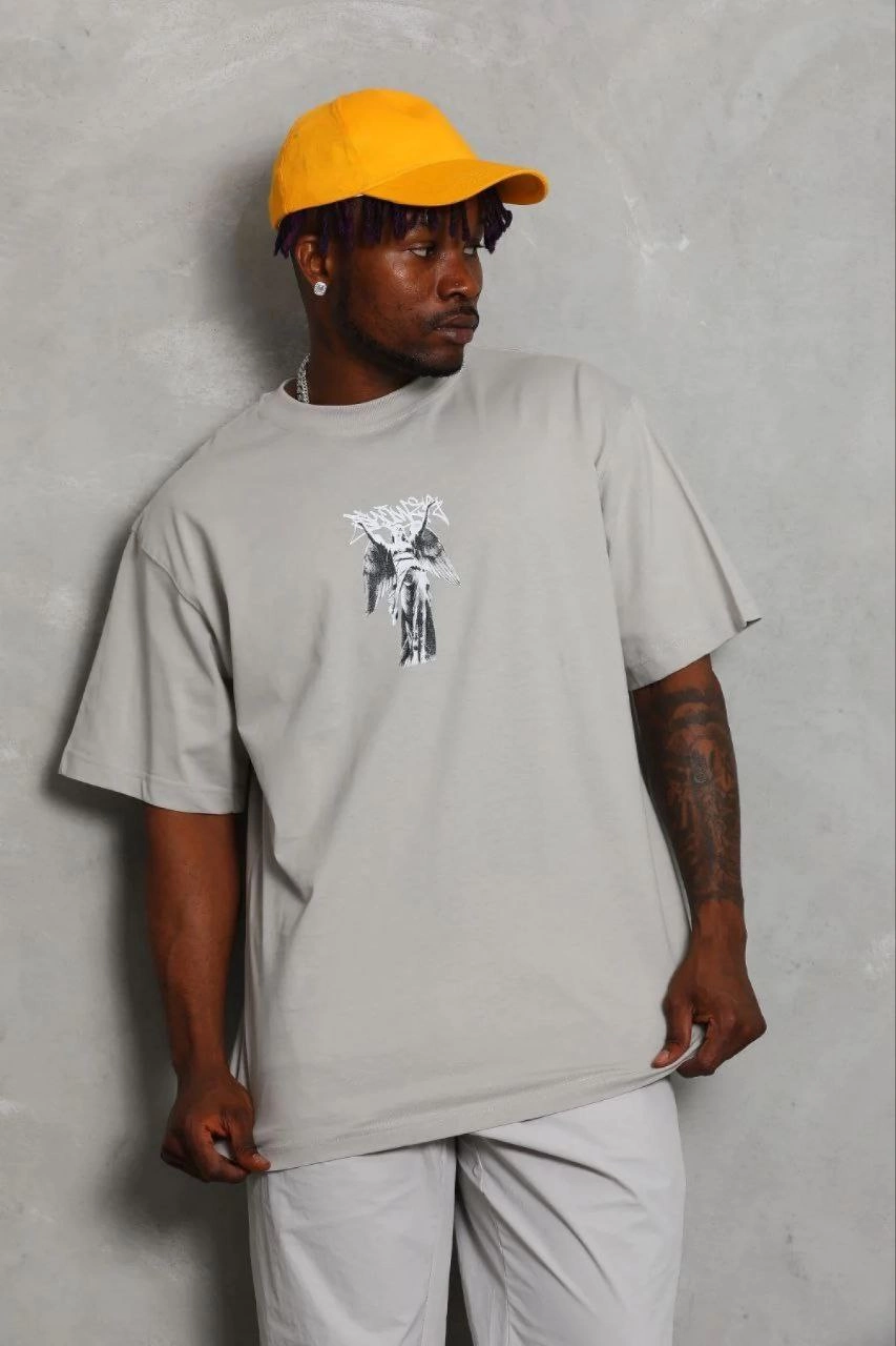 69b68353ad6c7-37888683-sw853sh1280 Erkek Baskılı T-Shirt Kısa Kol Bisiklet Yaka Regular Fit Tişört - Gri