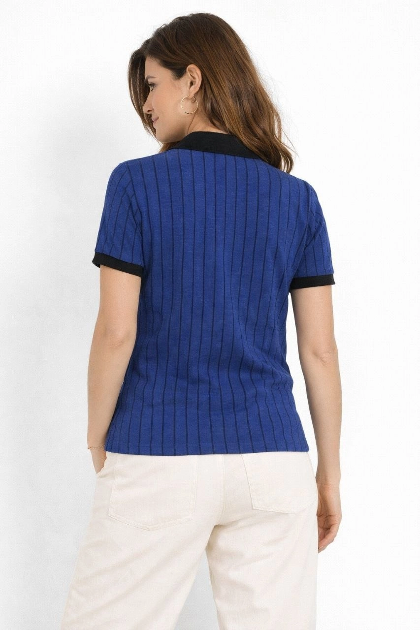 69c2ad55cca95-57172049-sw853sh1280 Kadın Polo Yaka Çizgili Tişört Kısa Kol Düğmeli Yazlık T-Shirt - Saks Mavisi - Görsel 2
