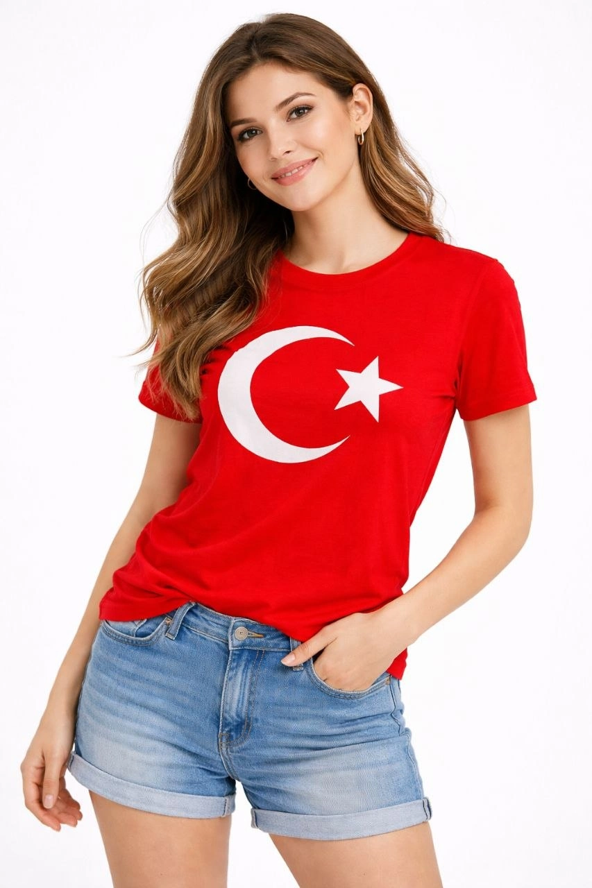 69c556f2626ec-97794845-sw853sh1280 Kadın T-Shirt Kısa Kol Bisiklet Yaka Ay Yıldız Bayrak Baskılı Tişört - Kırmızı - Görsel 2