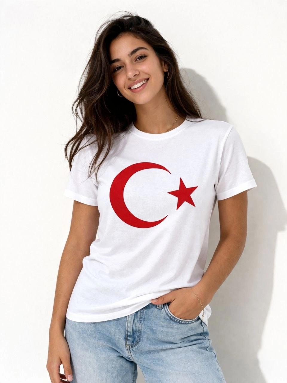 69c6cff2d02e9-38854123-sw960sh1280 Kadın T-Shirt Kısa Kol Bisiklet Yaka Ay Yıldız Bayrak Baskılı Tişört - Beyaz