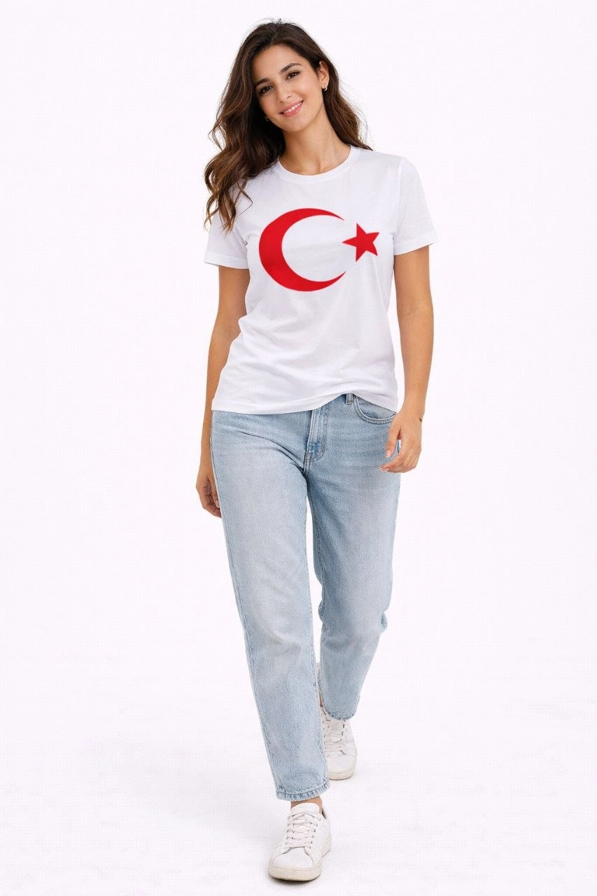 69c6cff2d1254-11785280-sw853sh1280 Kadın T-Shirt Kısa Kol Bisiklet Yaka Ay Yıldız Bayrak Baskılı Tişört - Beyaz - Görsel 2