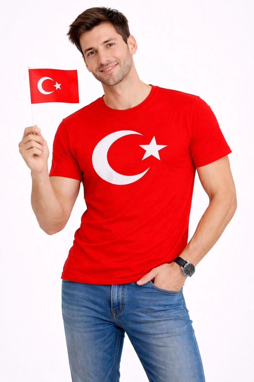 69c92ab36e198-23573478-sw853sh1280 Erkek T-Shirt Kısa Kol Bisiklet Yaka Ay Yıldız Bayrak Baskılı Tişört - Kırmızı - Görsel 2