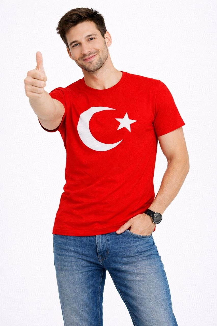 69c92ab374215-26901819-sw853sh1280 Erkek T-Shirt Kısa Kol Bisiklet Yaka Ay Yıldız Bayrak Baskılı Tişört - Kırmızı