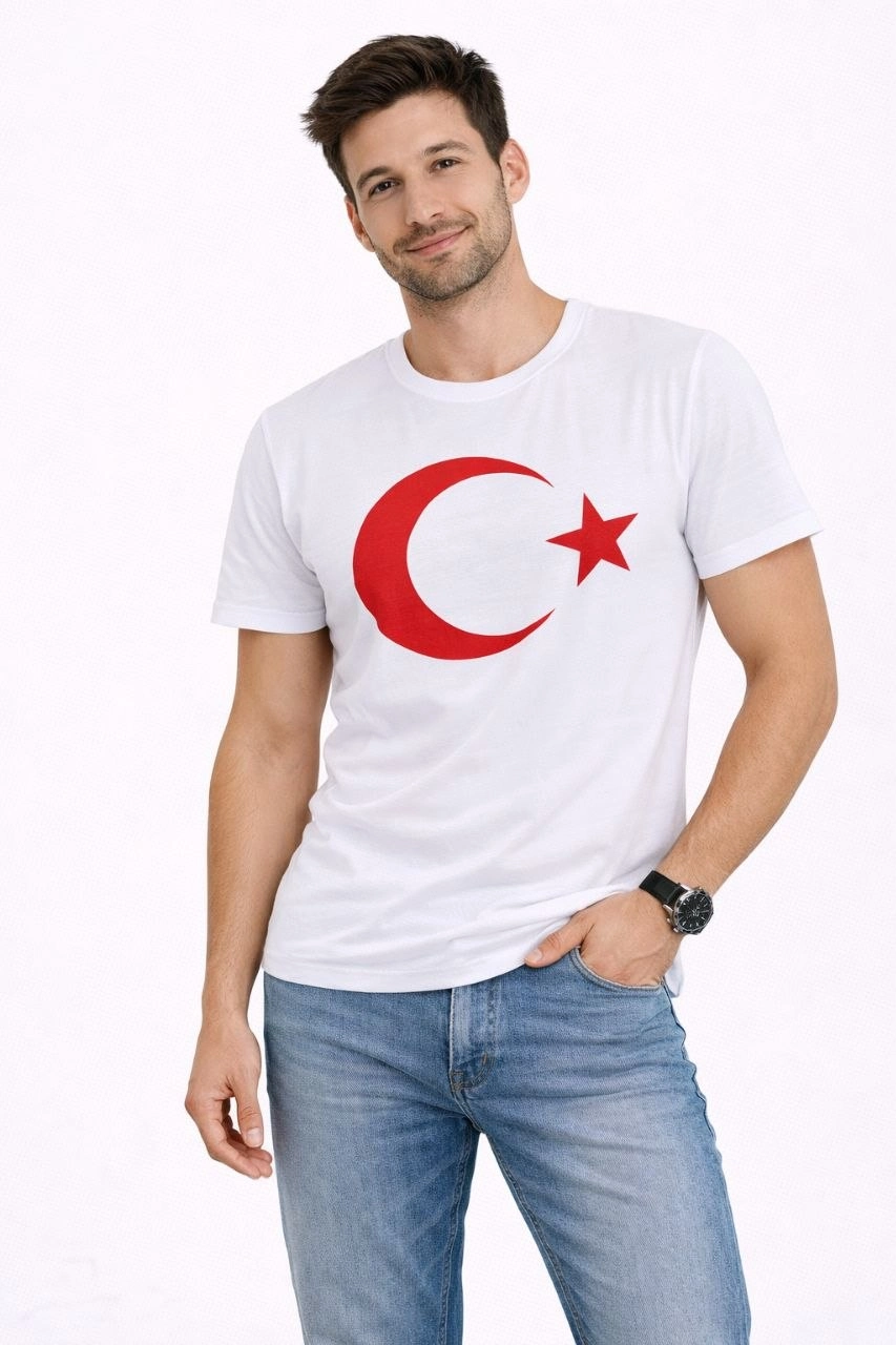 69c92b1934267-35659626-sw853sh1280 Erkek T-Shirt Kısa Kol Bisiklet Yaka Ay Yıldız Bayrak Baskılı Tişört - Beyaz - Görsel 2