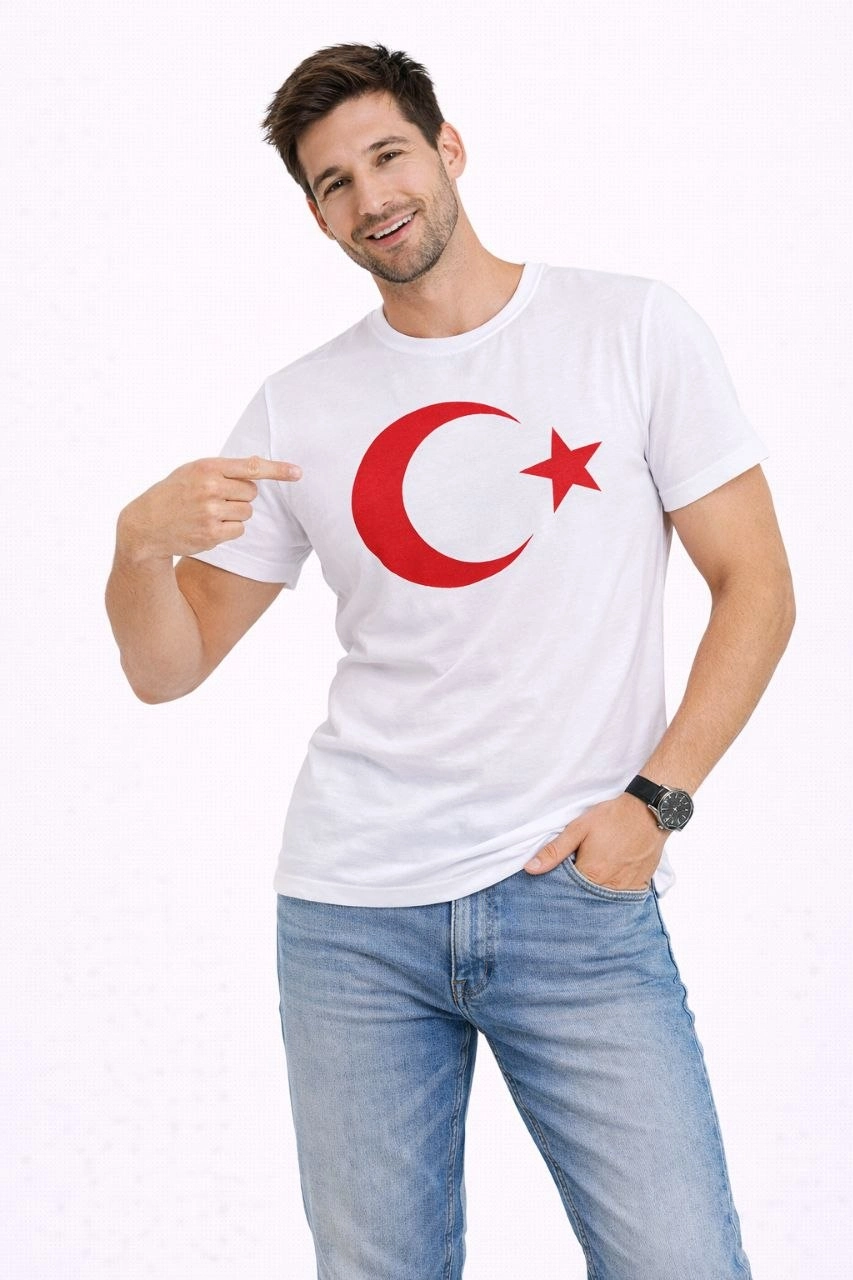 69c92b1936d69-56320933-sw853sh1280 Erkek T-Shirt Kısa Kol Bisiklet Yaka Ay Yıldız Bayrak Baskılı Tişört - Beyaz