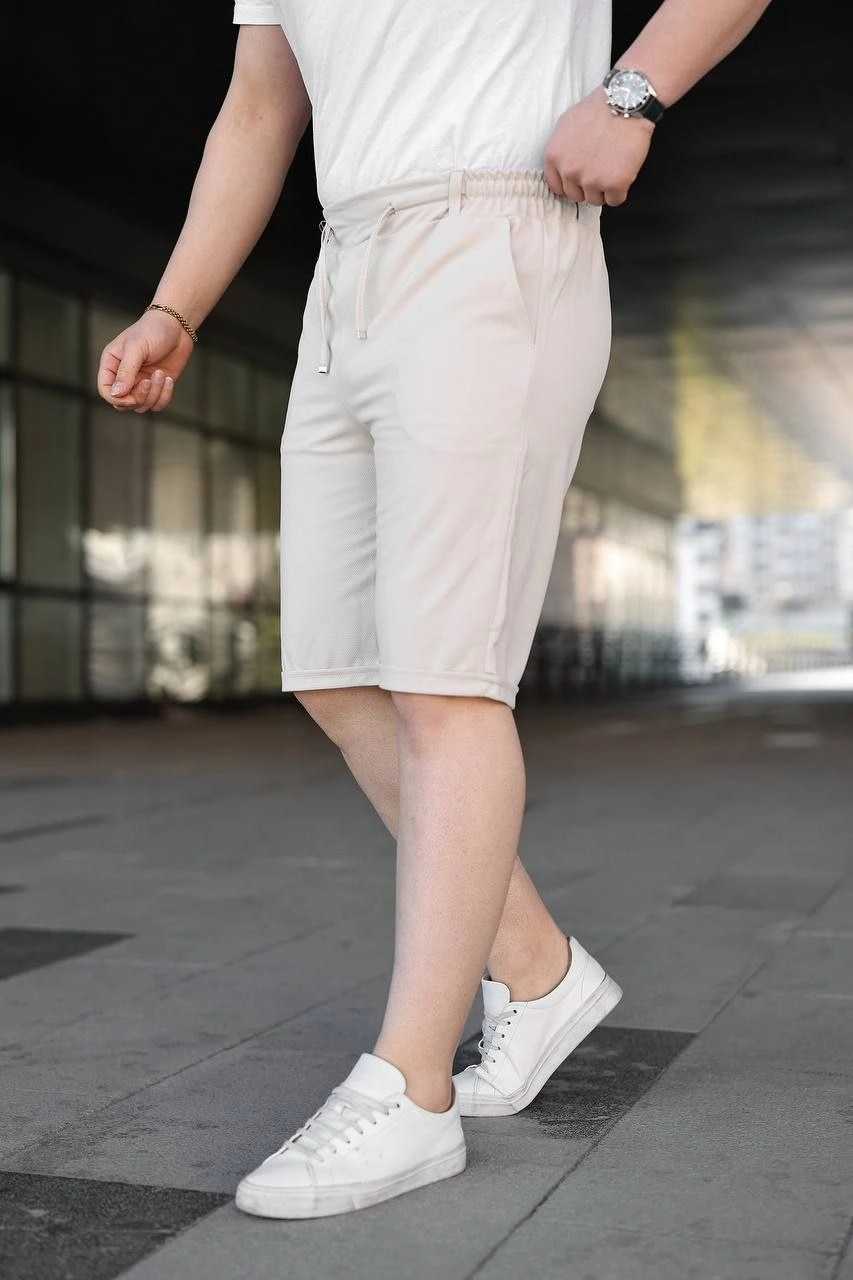 69c931f21b0cb-80897769-sw853sh1280 Erkek Diagonel Kumaş Duble Paça Cepli Bağcıklı Bel Lastikli ŞORT - Krem