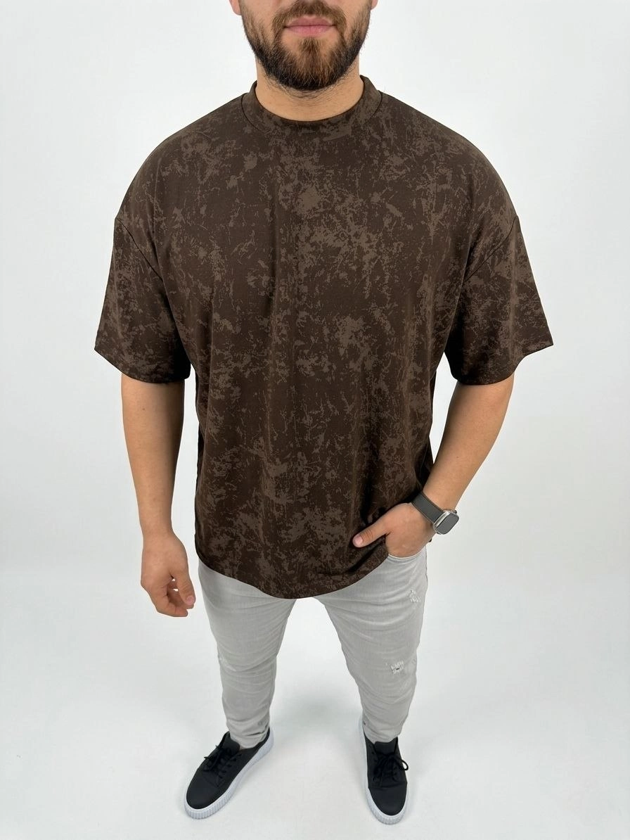 69c941f8cf65e-80005693-sw896sh1194 Erkek Premium Tişört OSY Yumuşak Dokulu Yıkamalı Oversize T-Shirt - Kahverengi