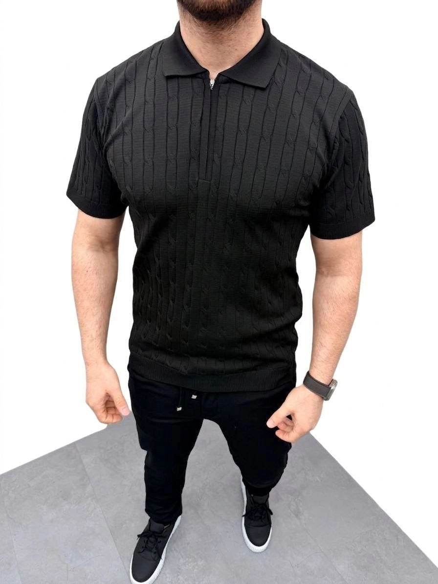 69c94720d379f-15240085-sw896sh1194 Erkek Yazlık Triko Saç Örgü Tişört Kısa Kol Polo Yaka Fermuarlı T-Shirt - Siyah - Görsel 2