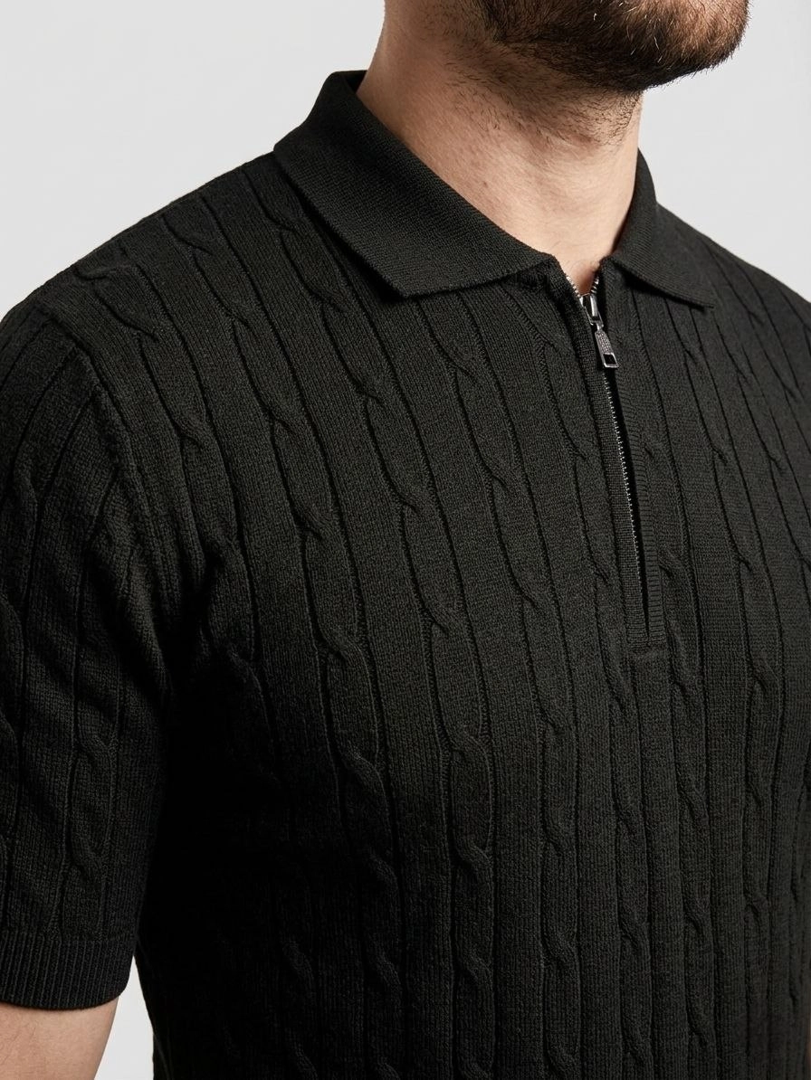 69c94720e7550-1624843-sw896sh1194 Erkek Yazlık Triko Saç Örgü Tişört Kısa Kol Polo Yaka Fermuarlı T-Shirt - Siyah
