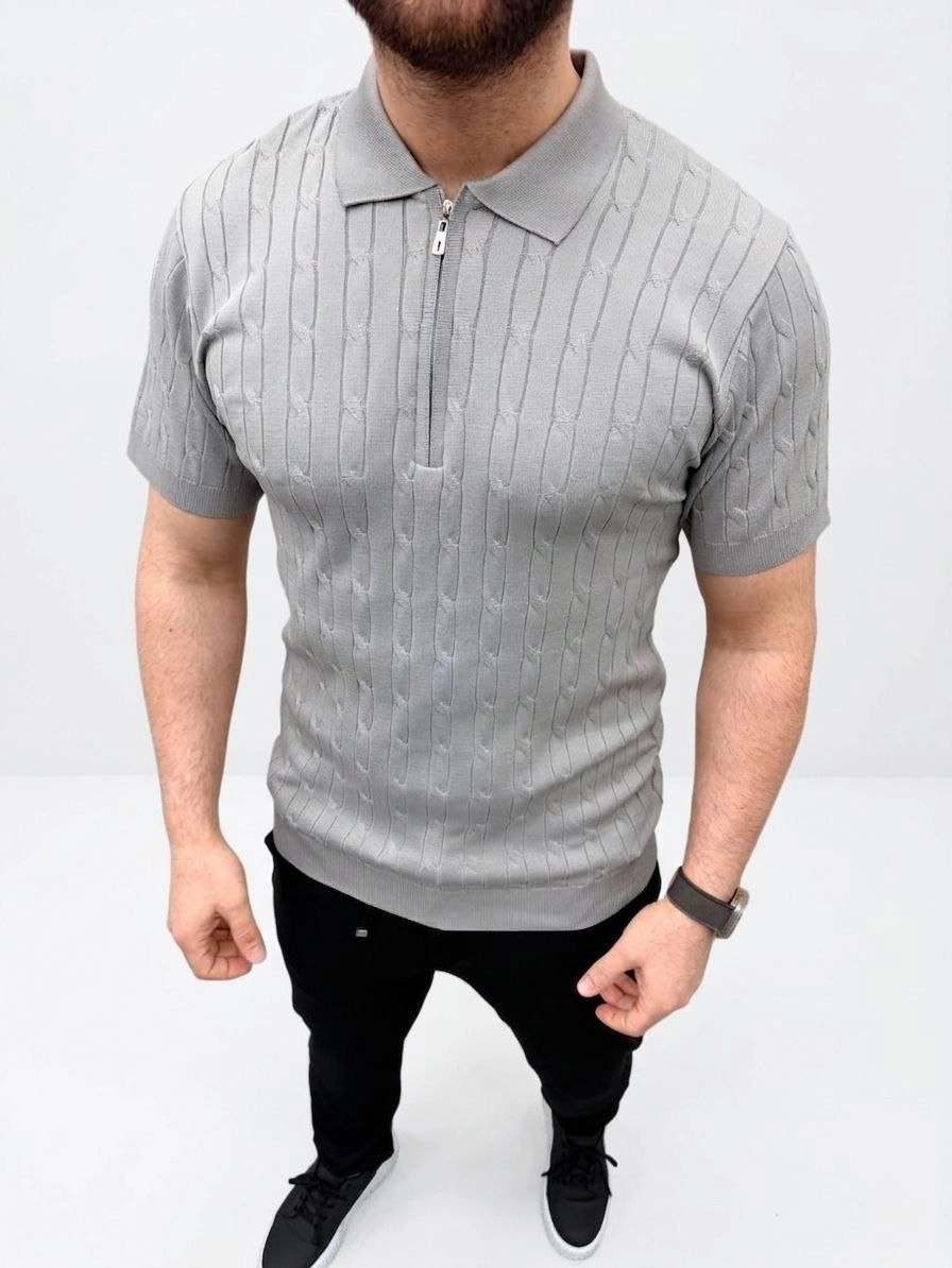 69c9489c9eade-98923587-sw896sh1194 Erkek Yazlık Triko Saç Örgü Tişört Kısa Kol Polo Yaka Fermuarlı T-Shirt - Gri - Görsel 2