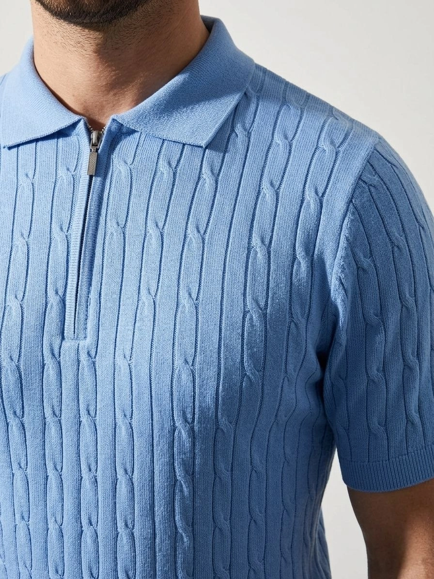 69c94f7e67127-17652074-sw896sh1194 Erkek Yazlık Triko Saç Örgü Tişört Kısa Kol Polo Yaka Fermuarlı T-Shirt - Bebe Mavisi
