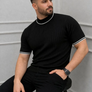 Erkek Fitilli Triko Dokuma Kısa Kol Tişört Yarım Boğaz Modern Yazlık T-Shirt - Siyah