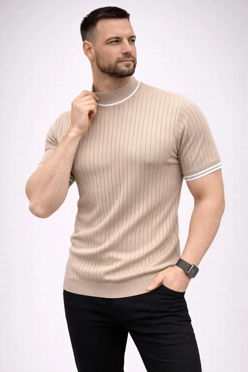 69c956572a004-90320611-sw853sh1280 Erkek Fitilli Triko Dokuma Kısa Kol Tişört Yarım Boğaz Modern Yazlık T-Shirt - Bej