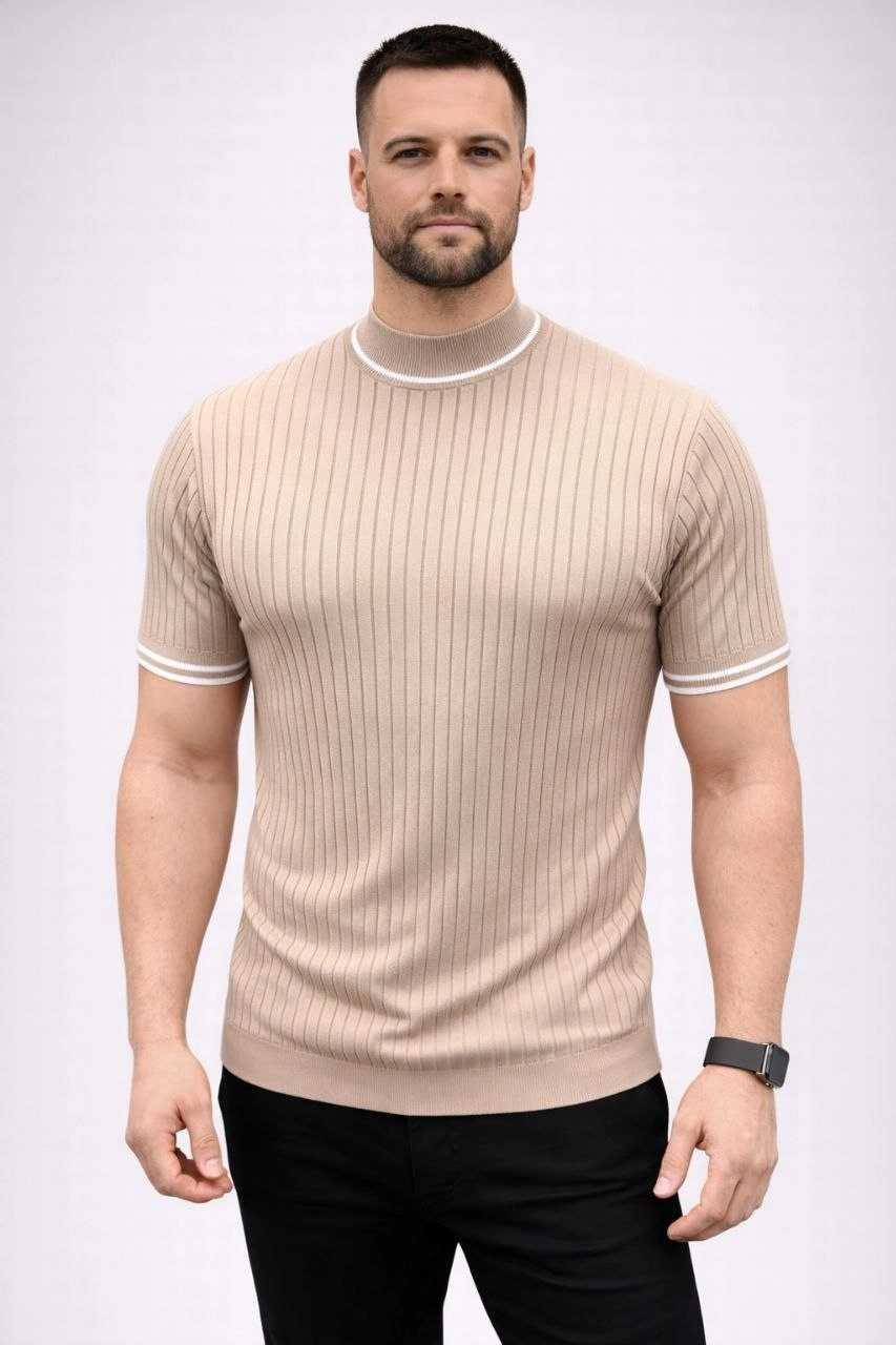 69c956572c085-11102481-sw853sh1280 Erkek Fitilli Triko Dokuma Kısa Kol Tişört Yarım Boğaz Modern Yazlık T-Shirt - Bej - Görsel 2