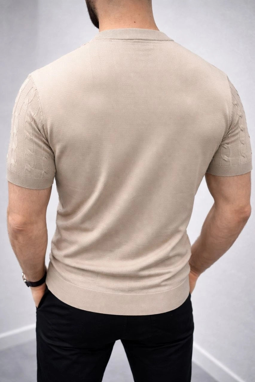 69c95cc522c4f-53806014-sw853sh1280 Erkek Yazlık Triko Dokuma Tişört Kısa Kol Bisiklet Yaka Örgü Desenli T-Shirt - Bej - Görsel 2