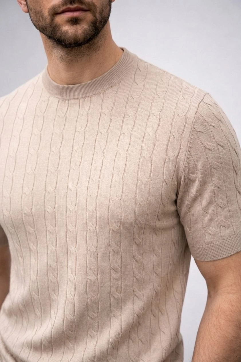69c95cc528456-84831693-sw842sh1264 Erkek Yazlık Triko Dokuma Tişört Kısa Kol Bisiklet Yaka Örgü Desenli T-Shirt - Bej