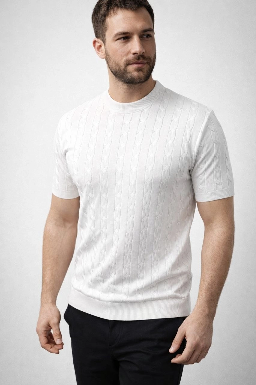 69c95e00bc829-73194772-sw853sh1280 Erkek Yazlık Triko Dokuma Tişört Kısa Kol Bisiklet Yaka Örgü Desenli T-Shirt - Beyaz - Görsel 2