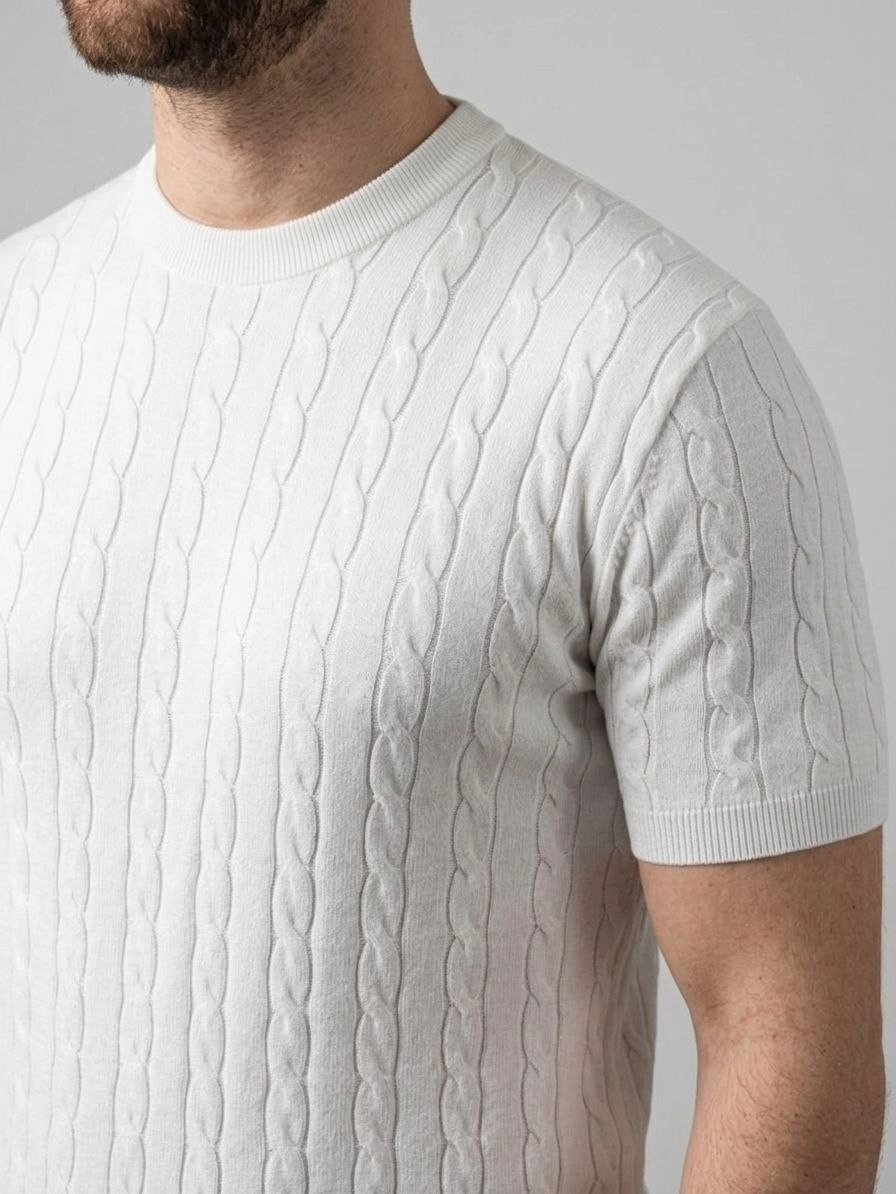 69c95e00c39cb-51746830-sw896sh1194 Erkek Yazlık Triko Dokuma Tişört Kısa Kol Bisiklet Yaka Örgü Desenli T-Shirt - Beyaz