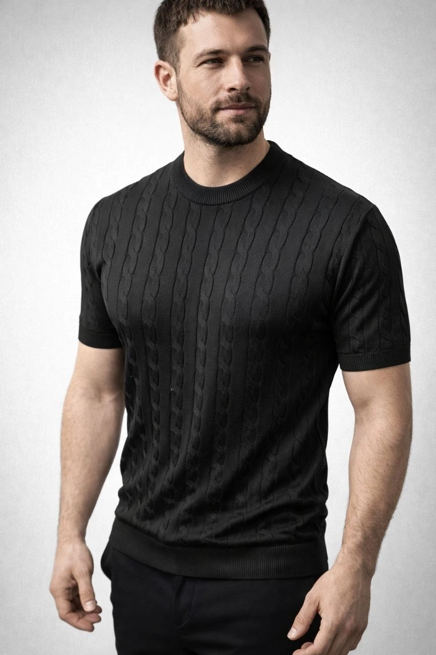 69c95e5dc5770-50263069-sw853sh1280 Erkek Yazlık Triko Dokuma Tişört Kısa Kol Bisiklet Yaka Örgü Desenli T-Shirt - Siyah