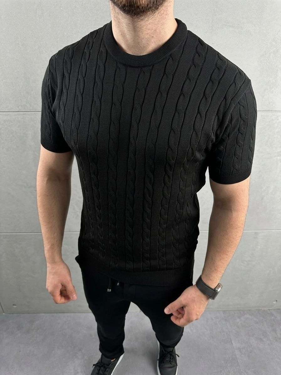 69c95e5dd2edd-86614272-sw896sh1194 Erkek Yazlık Triko Dokuma Tişört Kısa Kol Bisiklet Yaka Örgü Desenli T-Shirt - Siyah - Görsel 2