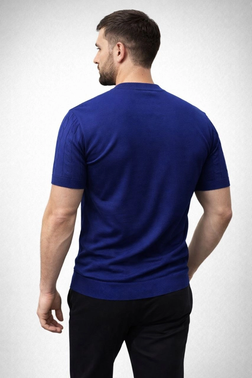 69c95fa242b4f-66773227-sw853sh1280 Erkek Yazlık Triko Dokuma Tişört Kısa Kol Bisiklet Yaka Örgü Desenli T-Shirt - Lacivert - Görsel 2