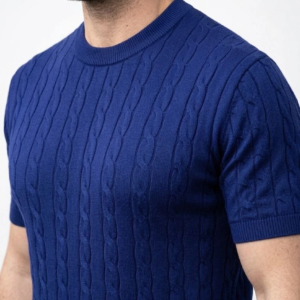 Erkek Yazlık Triko Dokuma Tişört Kısa Kol Bisiklet Yaka Örgü Desenli T-Shirt - Lacivert