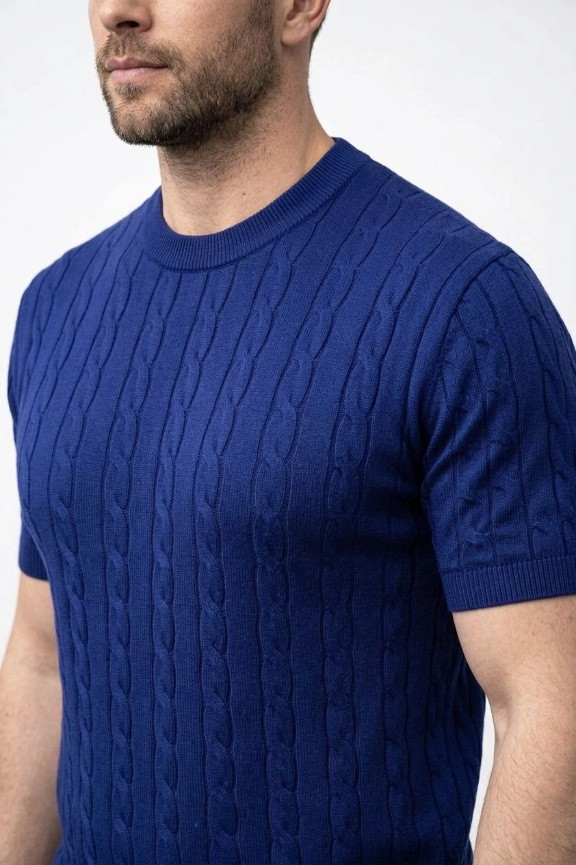 69c95fa2580ba-18256413-sw842sh1264 Erkek Yazlık Triko Dokuma Tişört Kısa Kol Bisiklet Yaka Örgü Desenli T-Shirt - Lacivert