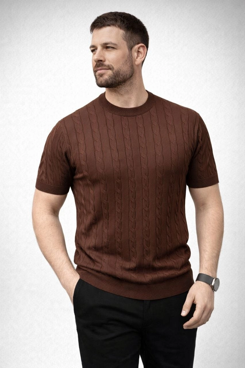 69c96077d508f-81116221-sw853sh1280 Erkek Yazlık Triko Dokuma Tişört Kısa Kol Bisiklet Yaka Örgü Desenli T-Shirt - Kahverengi - Görsel 2