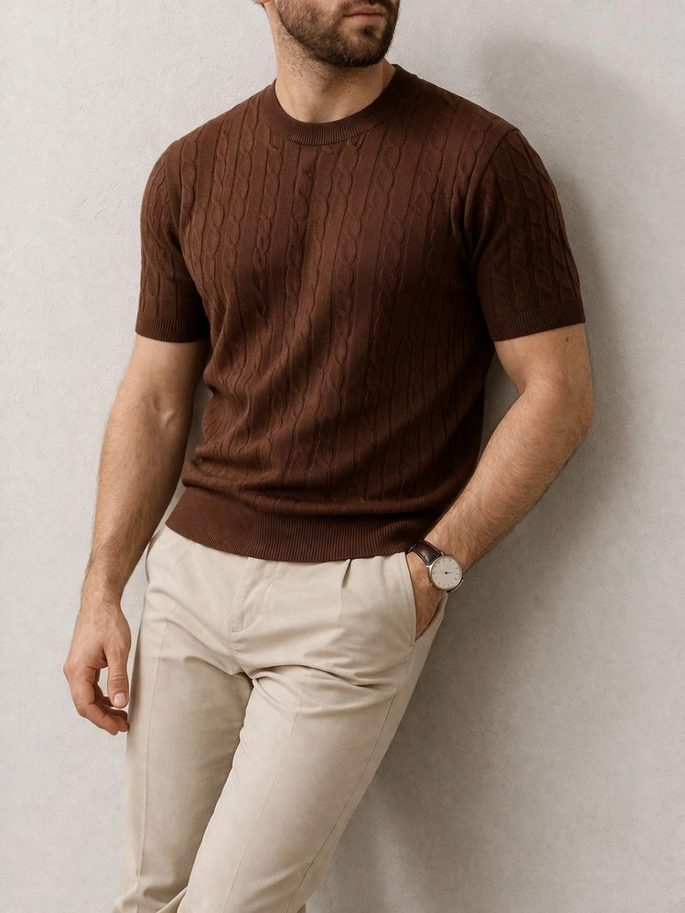 69c96077e6c3b-19031183-sw960sh1280 Erkek Yazlık Triko Dokuma Tişört Kısa Kol Bisiklet Yaka Örgü Desenli T-Shirt - Kahverengi