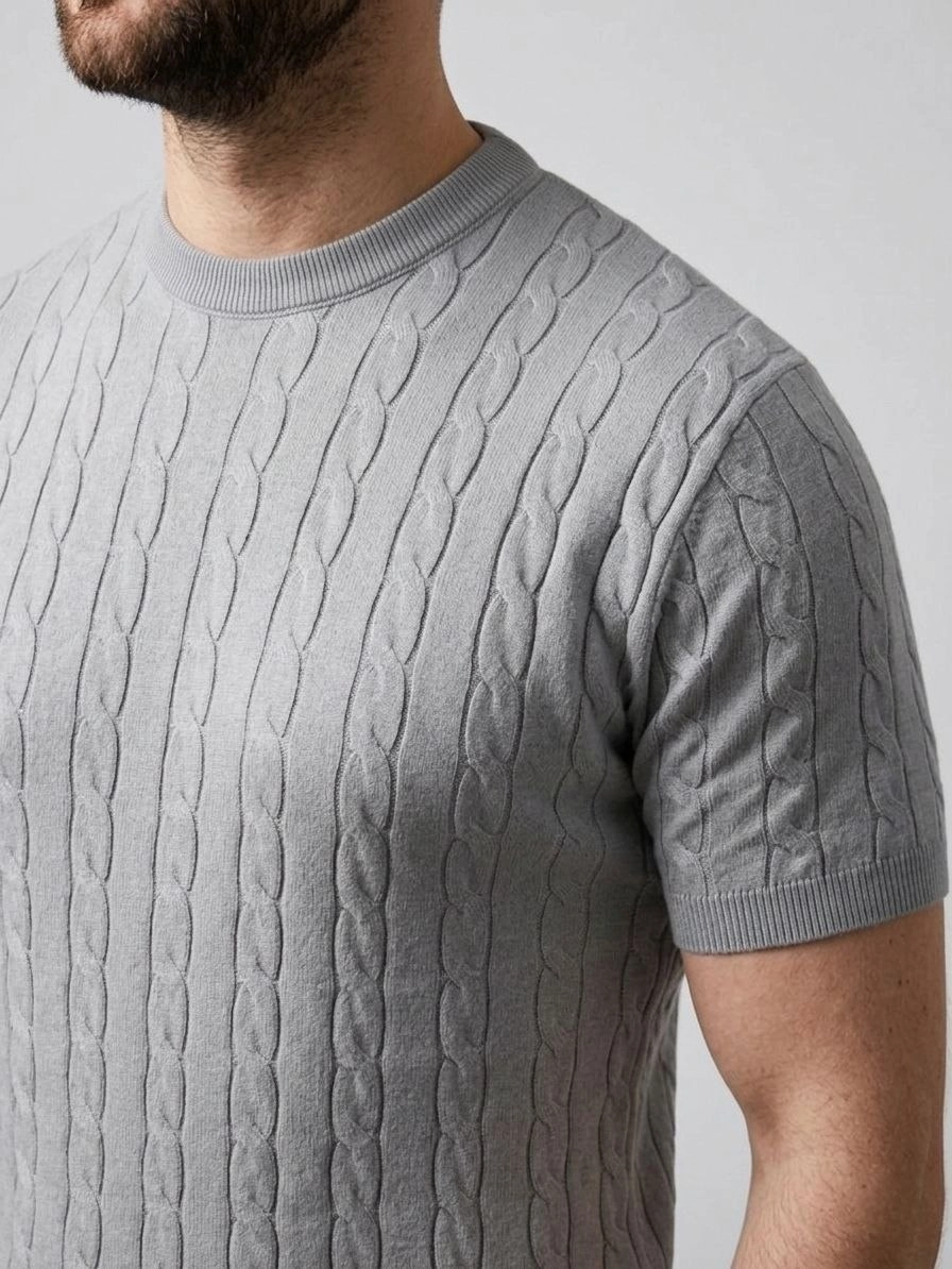 69c964945f12a-56039741-sw896sh1194 Erkek Yazlık Triko Dokuma Tişört Kısa Kol Bisiklet Yaka Örgü Desenli T-Shirt - Gri