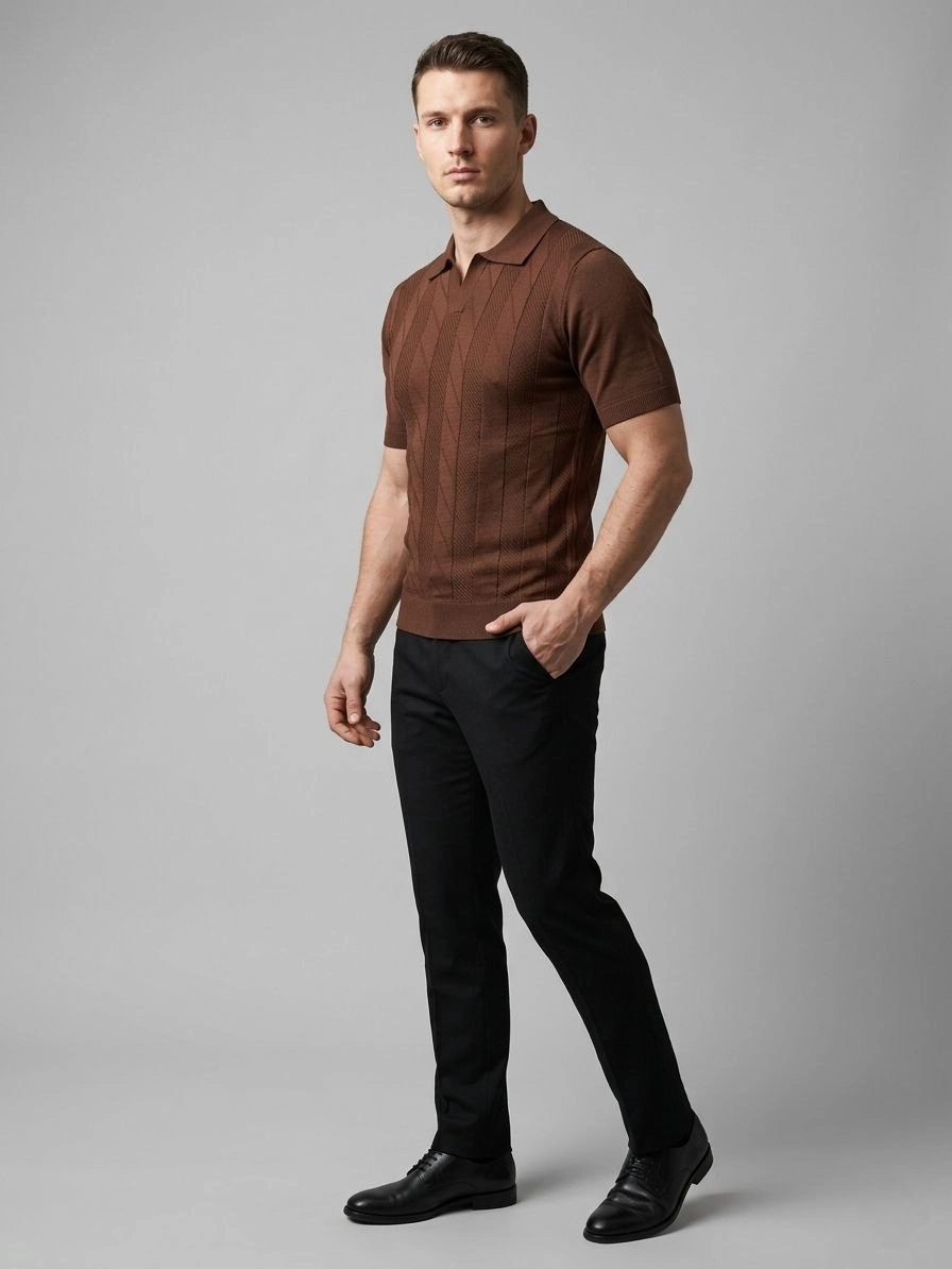 69ca3d8f00591-34896861-sw896sh1194 Erkek Yazlık Triko Dokuma Tişört Kısa Kol Polo Yaka T-Shirt - Kahverengi - Görsel 2