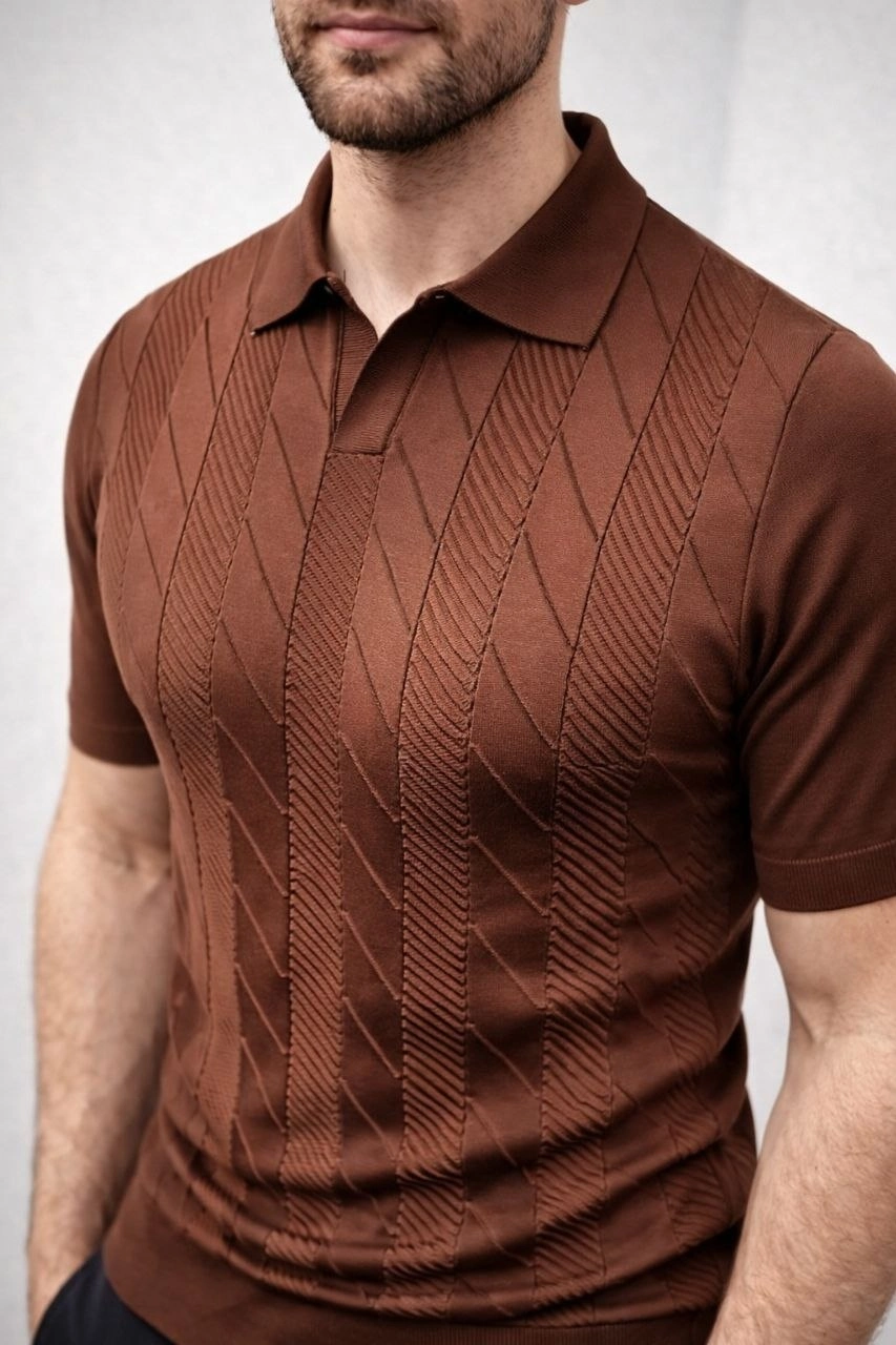 69ca3d8f35337-16932517-sw853sh1280 Erkek Yazlık Triko Dokuma Tişört Kısa Kol Polo Yaka T-Shirt - Kahverengi