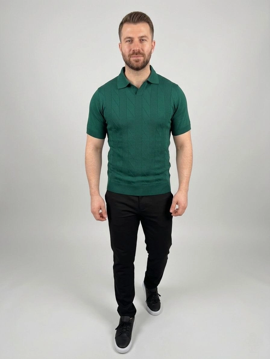 69ca3e267a789-39498126-sw896sh1194 Erkek Yazlık Triko Dokuma Tişört Kısa Kol Polo Yaka T-Shirt - Koyu Yeşil - Görsel 2
