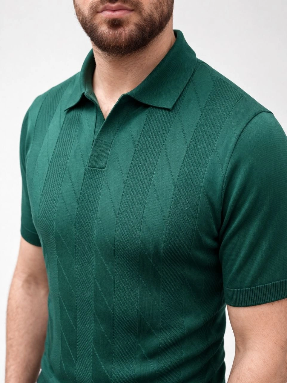 69ca3e26997cc-72072993-sw961sh1280 Erkek Yazlık Triko Dokuma Tişört Kısa Kol Polo Yaka T-Shirt - Koyu Yeşil
