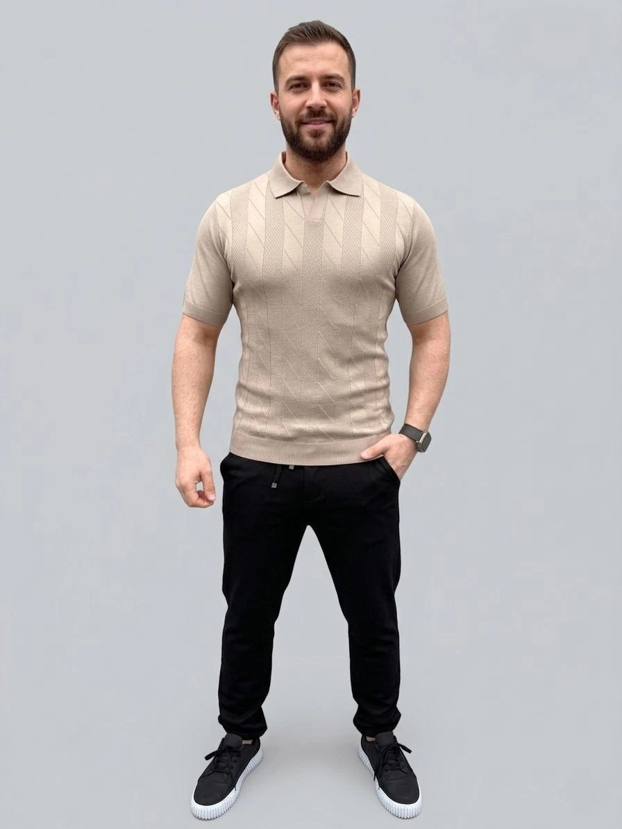 69ca3e66a014f-61842333-sw896sh1194 Erkek Yazlık Triko Dokuma Tişört Kısa Kol Polo Yaka T-Shirt - Bej - Görsel 2