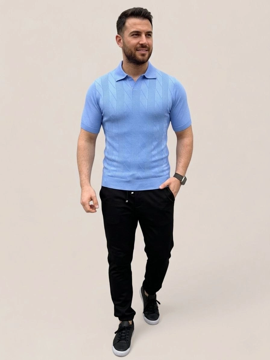 69ca3f655c0c7-73076878-sw896sh1194 Erkek Yazlık Triko Dokuma Tişört Kısa Kol Polo Yaka T-Shirt - Bebek Mavisi - Görsel 2